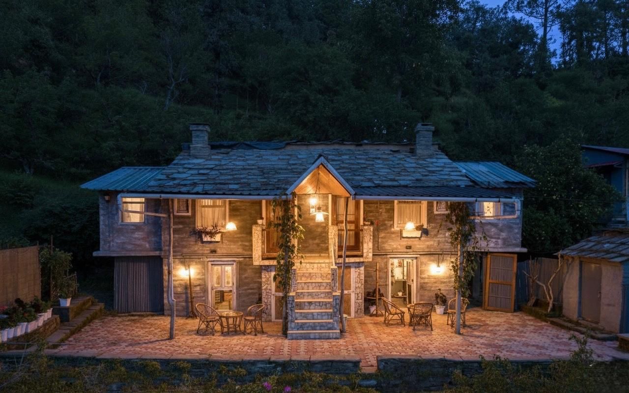A two-storey stone house at Aikkya in the evening, its windows lit, with the forest behind