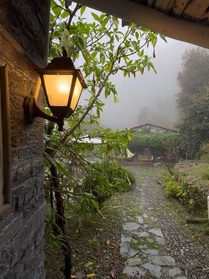 A lantern on a stone wall, with mist over the garden